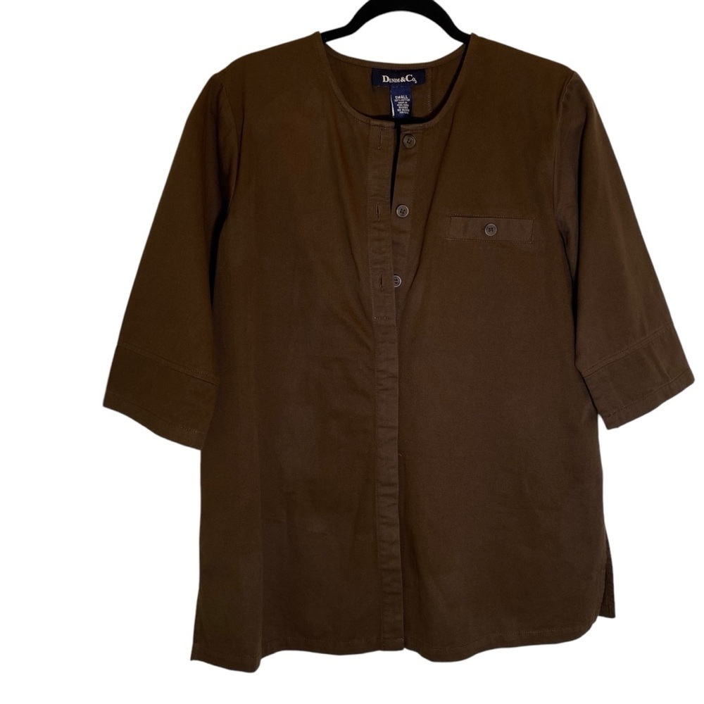 Denim & Co. NWT Women size small popover 1/2 sleeve Brown Button-Back Tunic Top